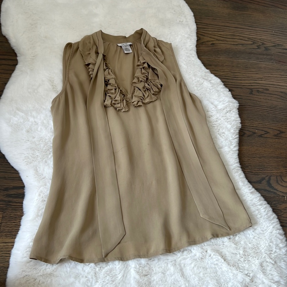 Cache neutral silk blouse with ruffle and tie, size small